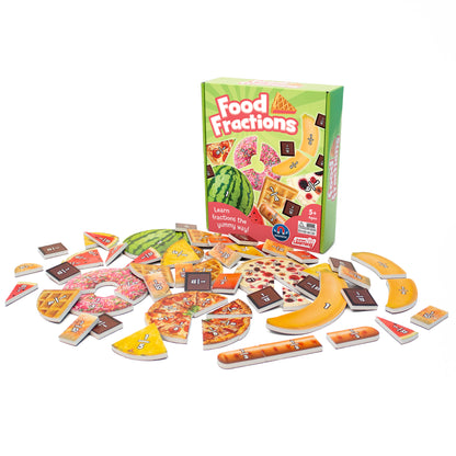 Food Fractions Educational Set with colorful pizza, watermelon, and banana pieces showing fraction math learning tiles