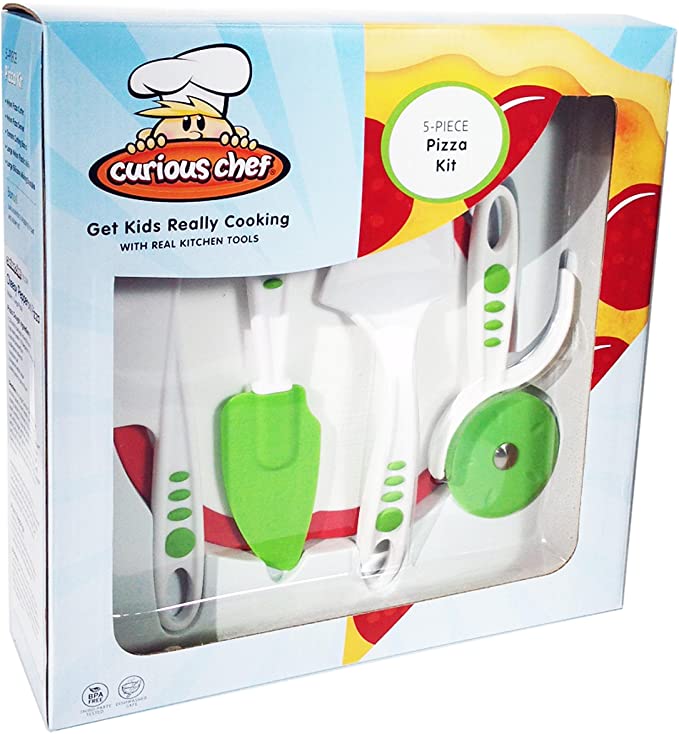 Curious Chef 5-piece Pizza Kit packaging showing white and green child-sized kitchen tools including a pizza server, knife, and utensils with red and yellow piz