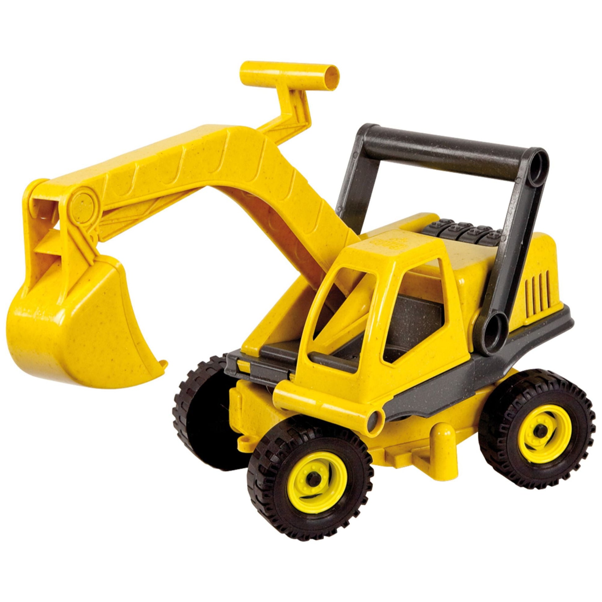 Yellow excavator ride-on toy with black tires, articulated digging bucket arm, and handlebar steering