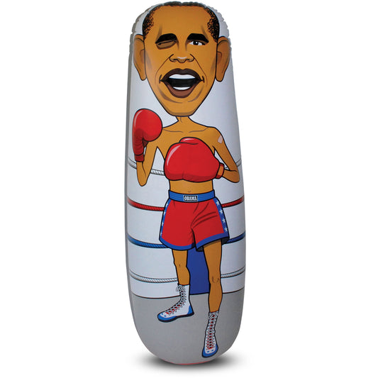 Bop Obama inflatable punching bag with cartoon bobblehead design, red boxing gloves, and red shorts with blue trim