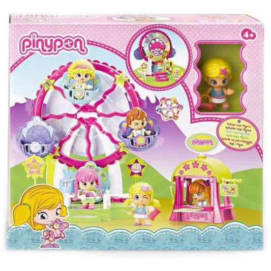 Pinypon Amusement Park Ferris Wheel Playset with pink and white ferris wheel, small doll figures, and carnival booth accessory on package display