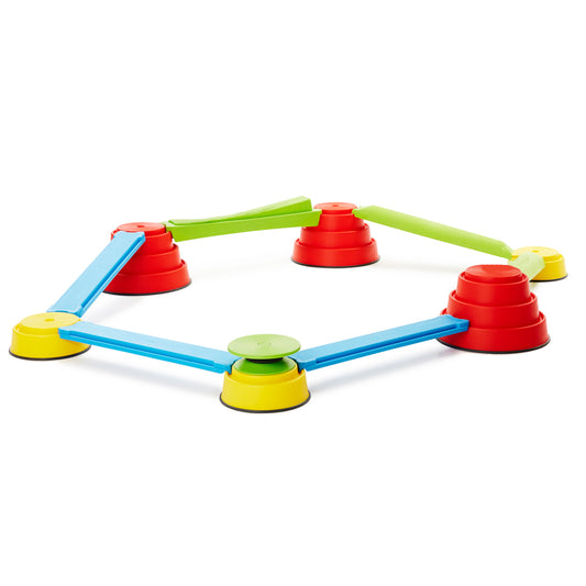 Colorful balance training set with red, yellow, and lime green cone bases connected by blue and green bars on a white background