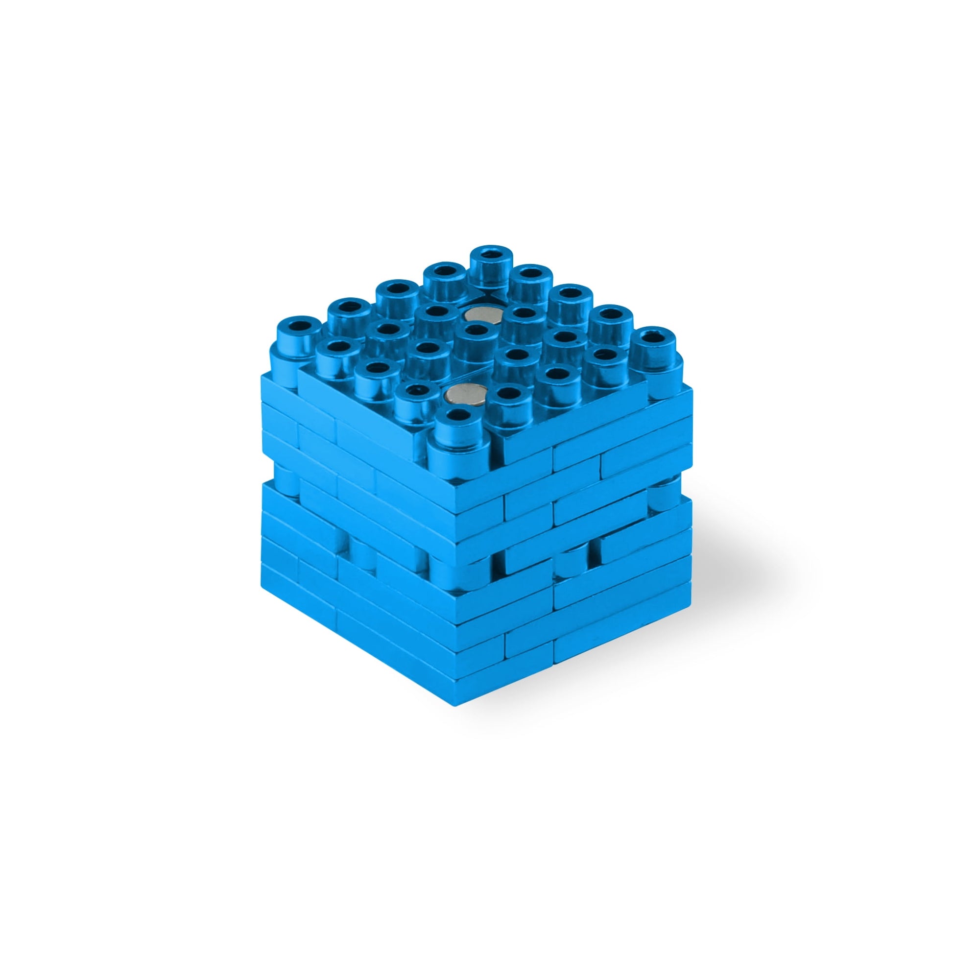 Blue 3D puzzle cube building set with stacked layers and cylindrical pegs on top