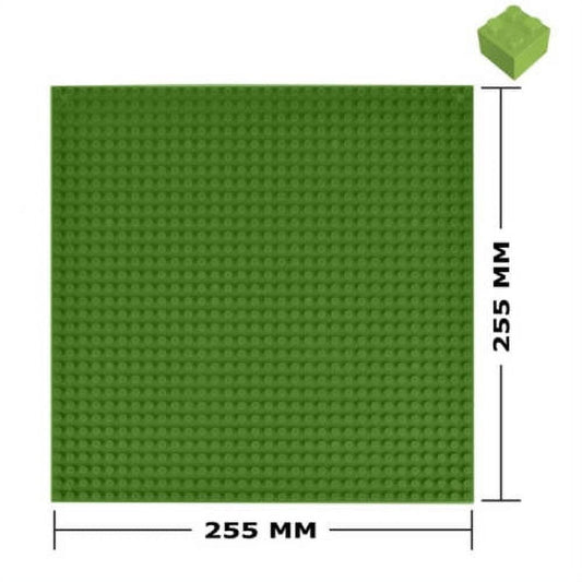 Green square building base plate with stud surface, 255 mm by 255 mm, shown with size reference block