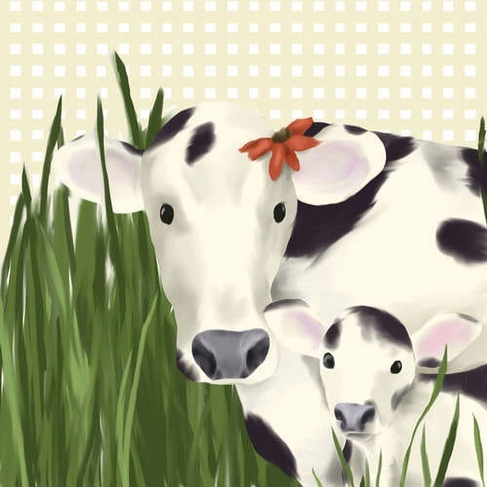 Illustrated mother cow and calf with black and white spots in green grass, mother wearing red flower, cream and green patterned background