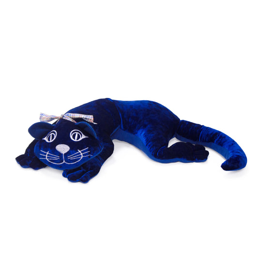 Blue velvet weighted cat plush with embroidered face, white whiskers, and gingham bow, lying in relaxed pose