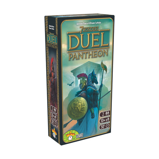 7 Wonders Duel: Pantheon Expansion board game box featuring a blue armored warrior with shield and axe against a mythological temple backdrop
