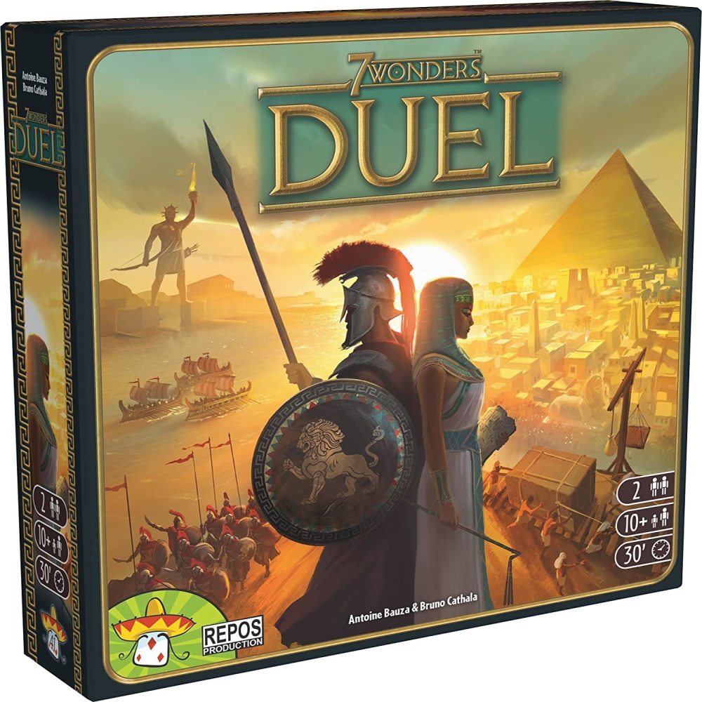 7 Wonders Duel board game box featuring ancient Egyptian and Greek warriors with shield and spear, pyramid and cityscape in golden sunset backdrop