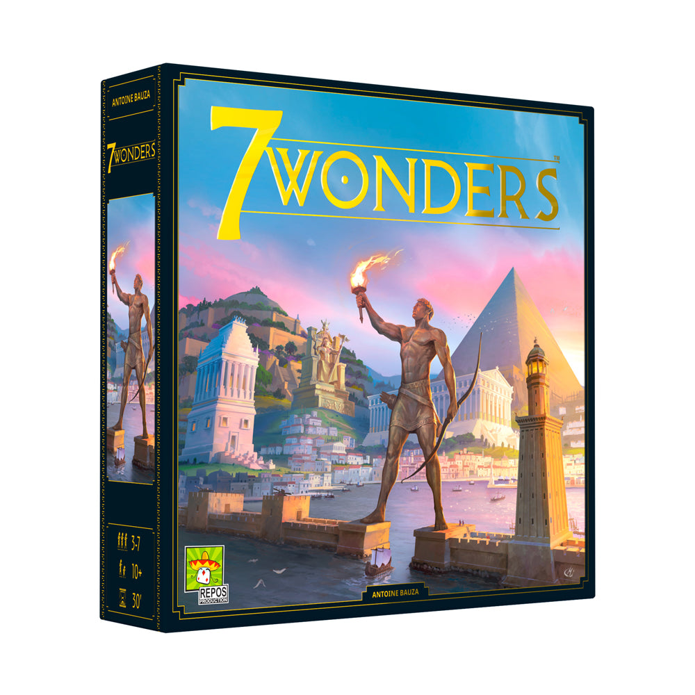 7 Wonders New Edition board game box showing ancient monuments and golden statues against a colorful sunset landscape