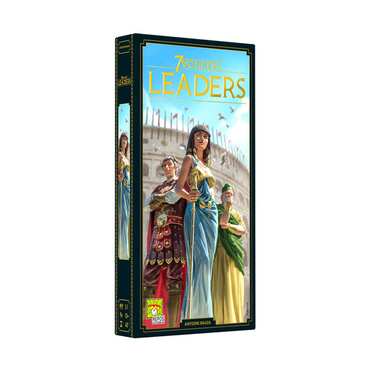 7 Wonders Leaders Expansion board game box showing three historical figures in ancient Roman and Egyptian dress against a classical architecture backdrop
