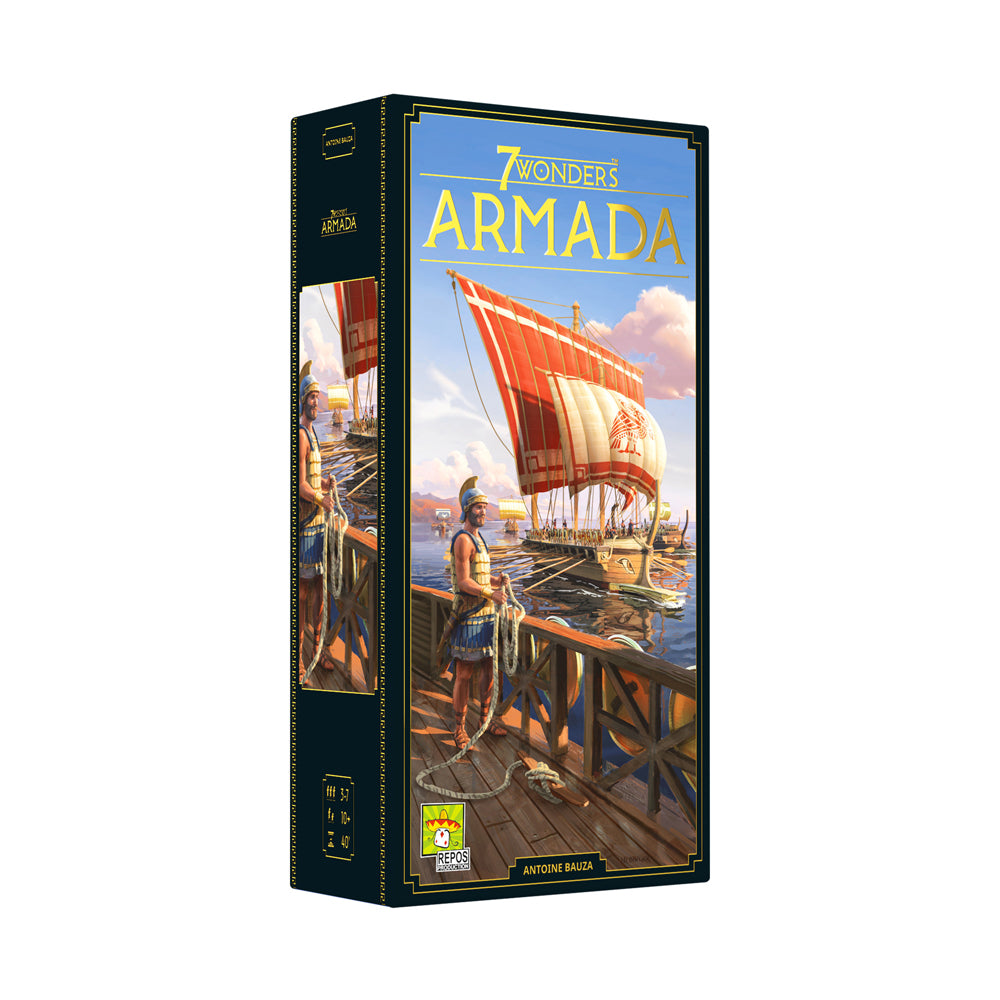 7 Wonders: Armada Expansion board game box featuring illustrated ancient sailing ships with red sails and figures on a wooden dock