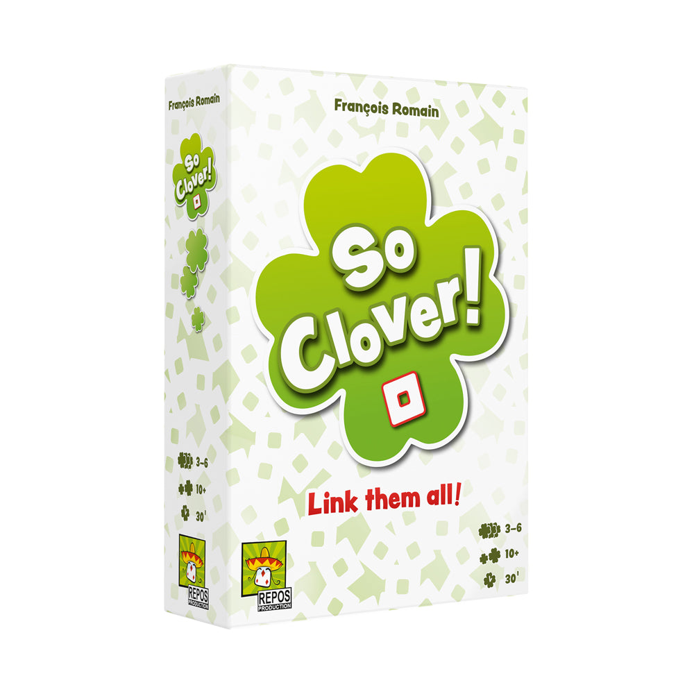 So Clover! board game box featuring a green clover shape with white text reading 'so Clover!' and tagline 'Link them all!' on white background with geometric pa