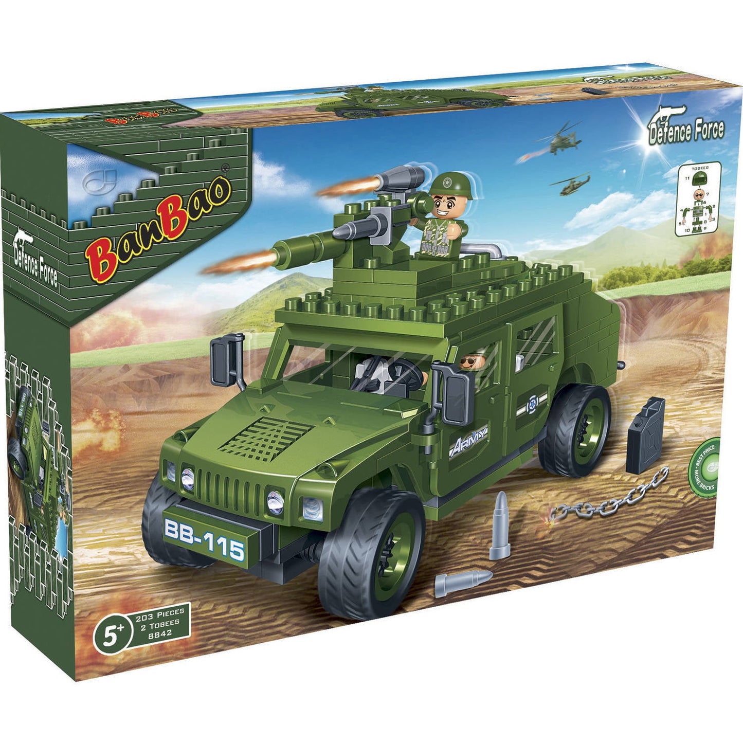 BanBao Defence Force military vehicle building set with green Humvee, minifigure, rotating turret with missiles, and 203 pieces