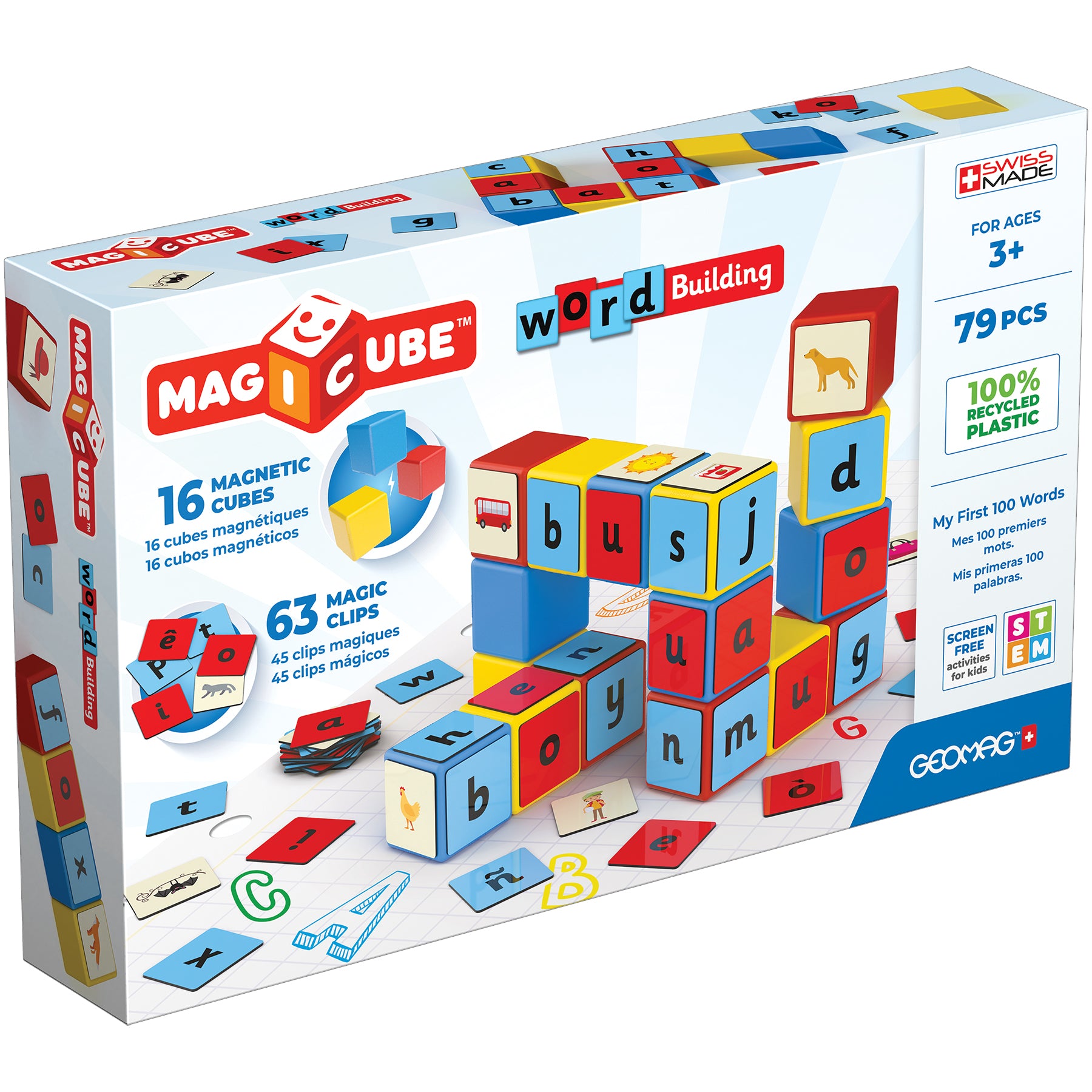 Magicube Word Building set with 16 magnetic cubes and 63 magic clips, featuring colorful red, blue, and yellow blocks with letters stacked to spell words, plus