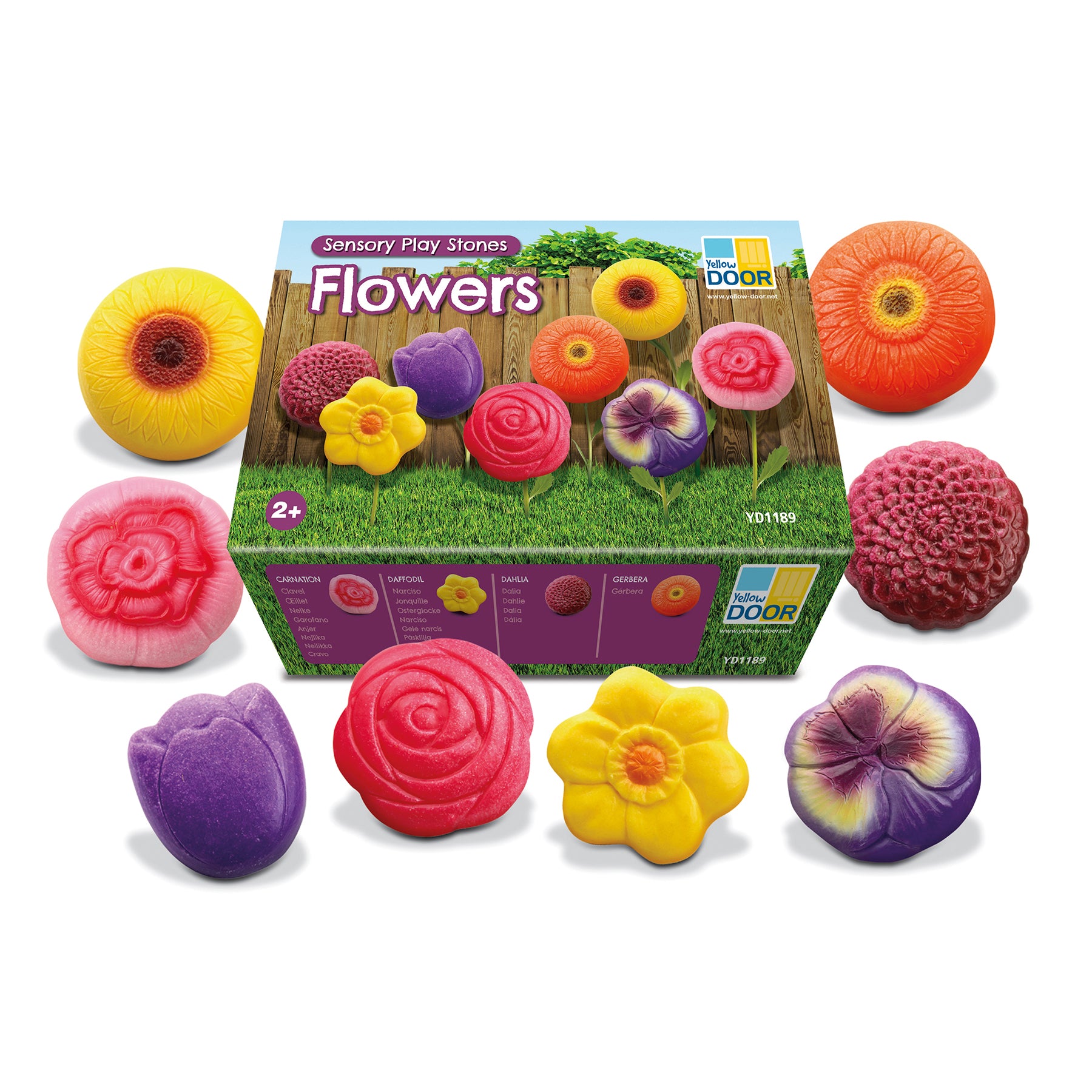 Sensory Play Stones Flowers set with 8 colorful textured stones in yellow, pink, red, purple, and orange flower shapes, displayed with packaging box