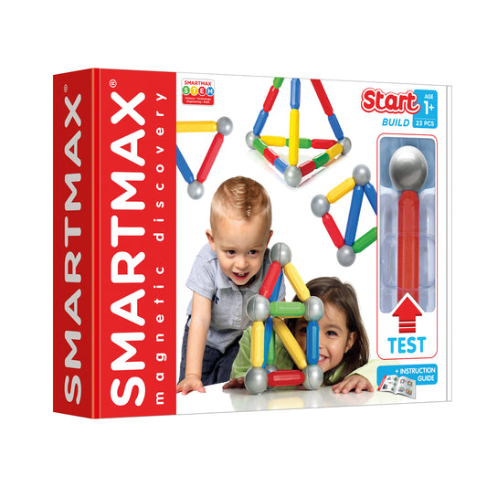 SmartMax Start magnetic building set with colorful rods and silver balls, modeled by two children assembling a 3D structure