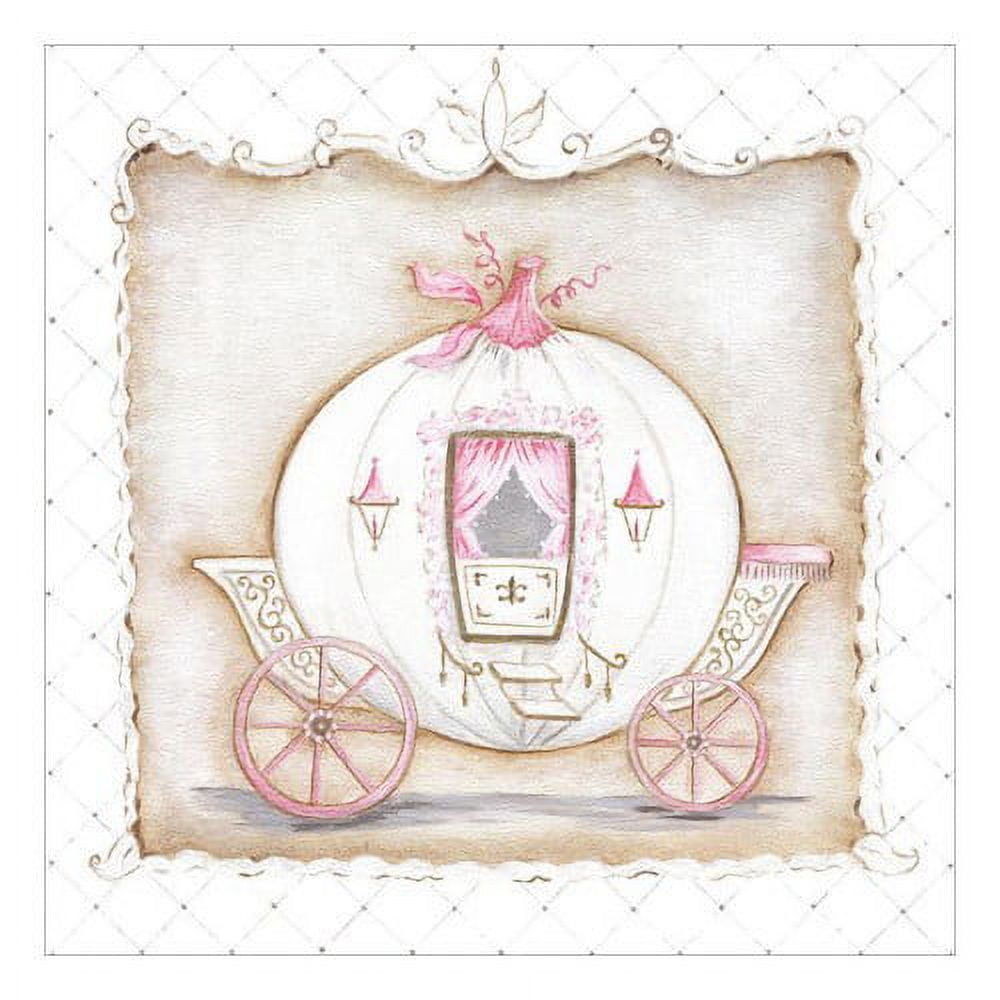 Illustrated storybook-style pink and white carriage with ornate wheels, framed by decorative scrollwork border on cream quilted background