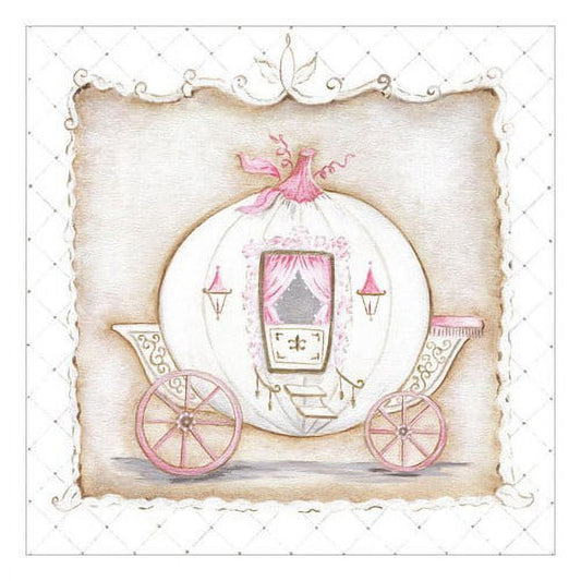 Illustrated storybook-style pink and white carriage with ornate wheels, framed by decorative scrollwork border on cream quilted background