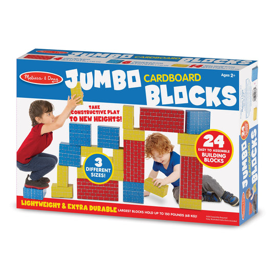 Melissa & Doug Jumbo Cardboard Blocks set with 24 colorful pieces in blue, red, and yellow, modeled by two children stacking and building a tall structure on a
