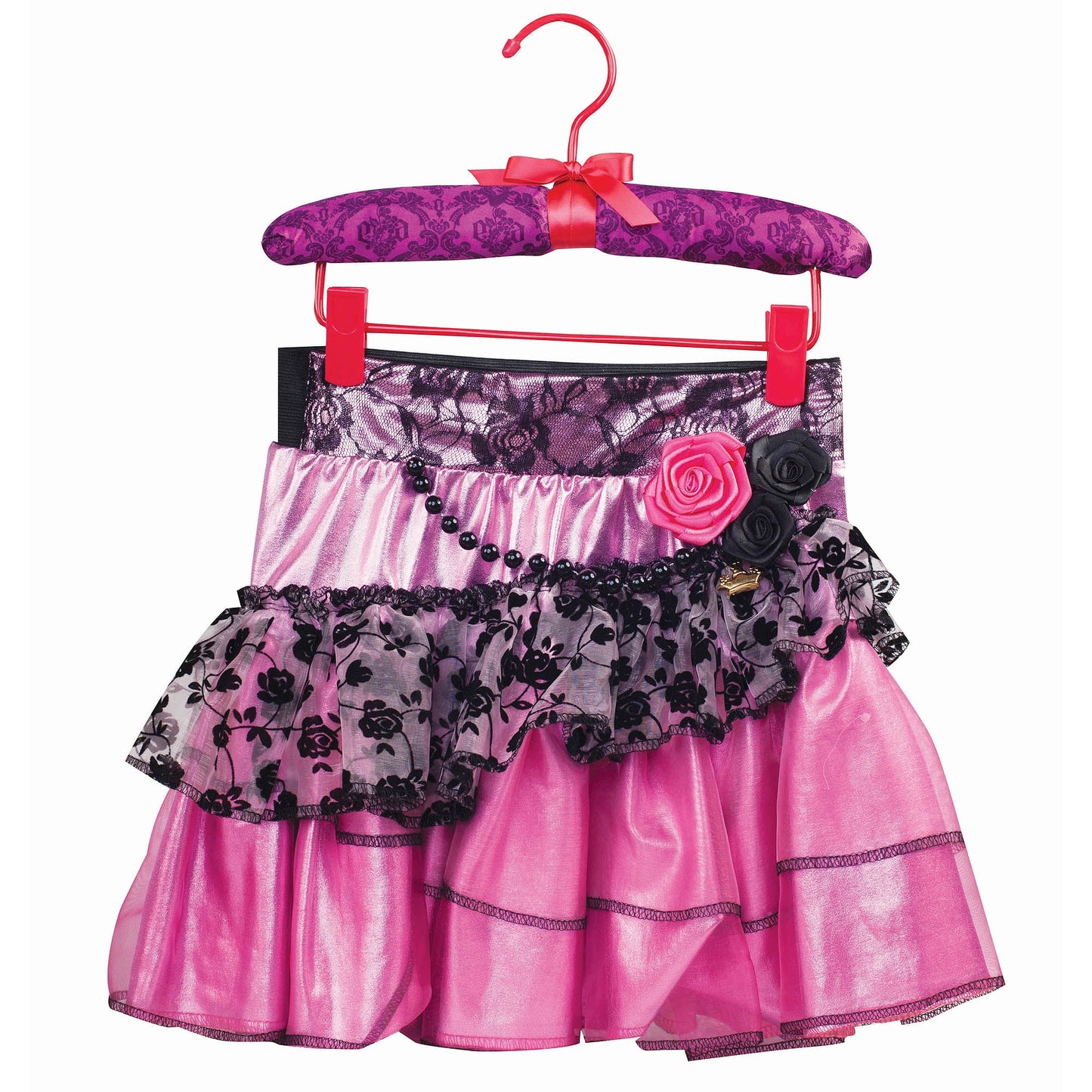 Pink and purple layered skirt with black lace overlay on padded hanger with red bow and decorative rose and flower embellishments
