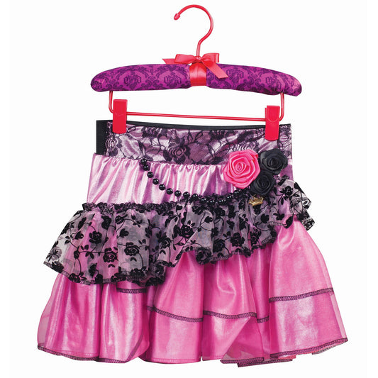 Pink and purple layered skirt with black lace overlay on padded hanger with red bow and decorative rose and flower embellishments