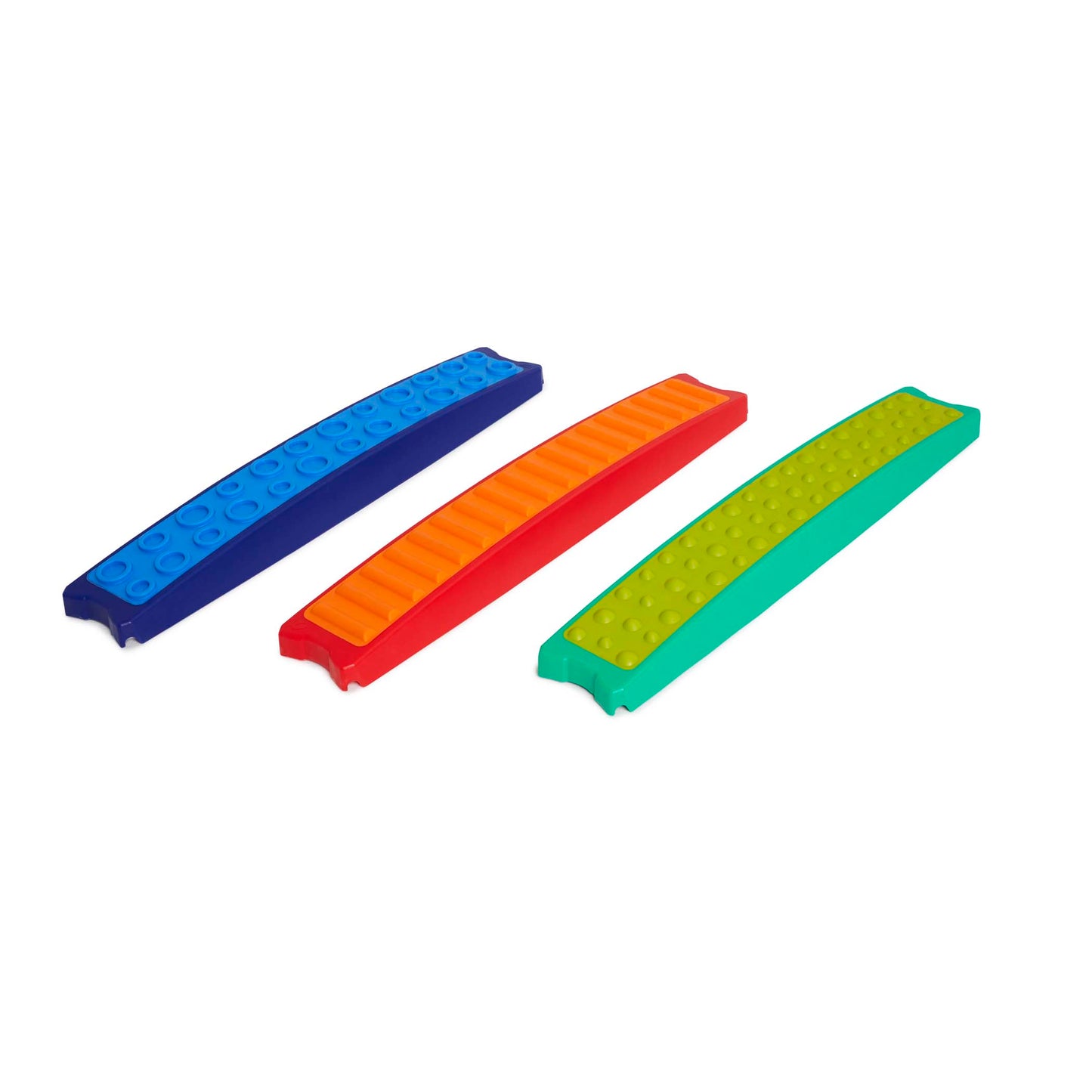 Three colorful tactile planks in blue, orange-red, and green-yellow with textured bubble surfaces, arranged on plain background