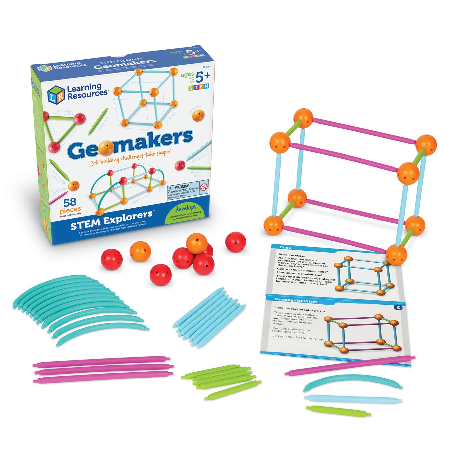 Learning Resources Geomakers building set with 58 pieces including orange balls, colored rods and curved connectors, instruction cards, and constructed 3D geome