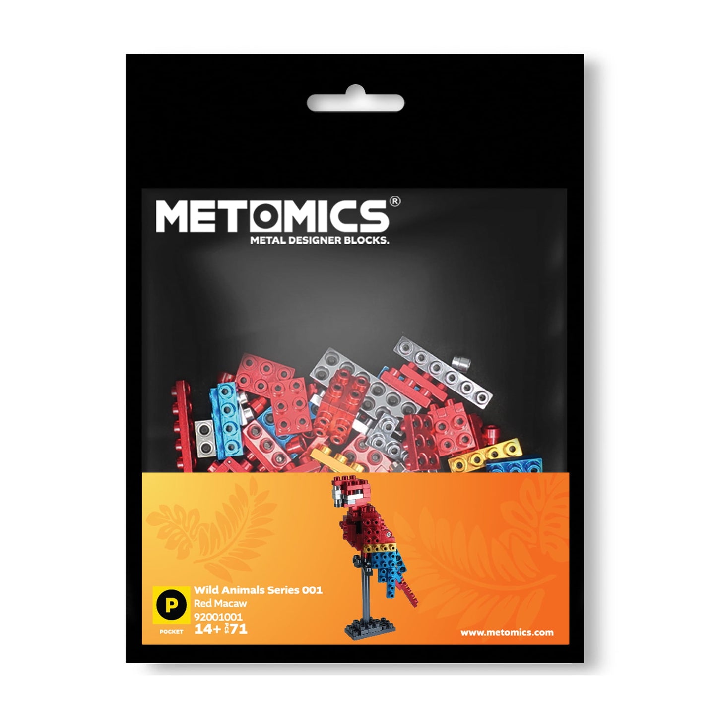 Metomics Wild Animals Series 001 Red Macaw metal designer blocks building set packaging with product display and components