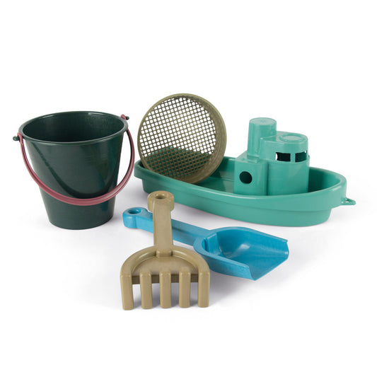 Green bucket with pink handle, tan mesh sieve, turquoise boat-shaped container with play pieces, wooden rake, and blue shovel—sand and water play set