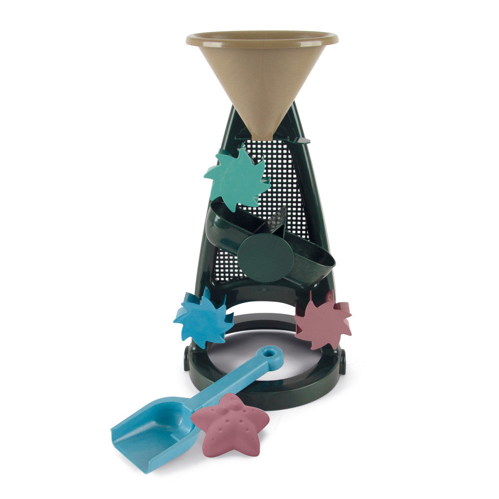 Tan and dark green sand and water mill tower with turquoise and pink star-shaped attachments, blue scoop, and pink star included