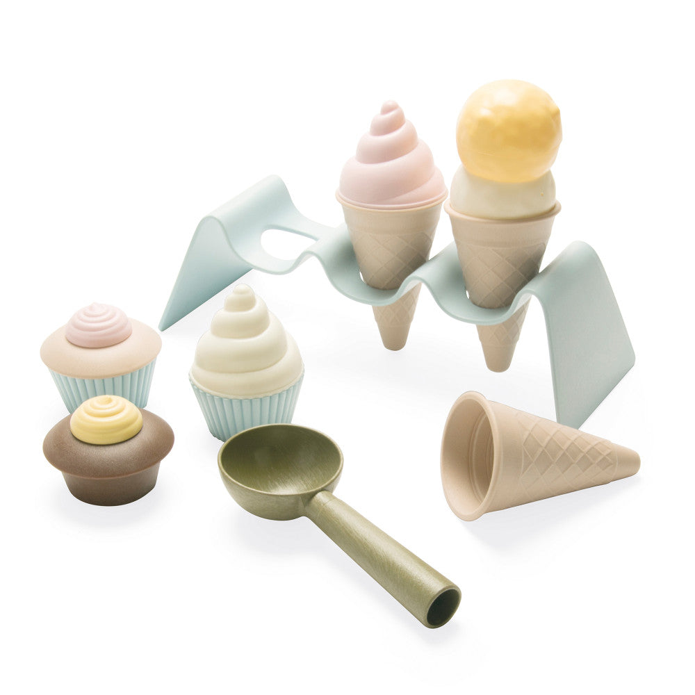 Dantoy BIO Ice Cream & Cupcake Playset with ice cream cones, cupcakes, scoop, and cone holder on plain background