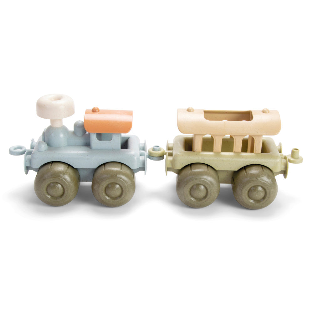 Two linking toy train cars made from eco-friendly recycled plastic. Light blue locomotive with white dome top and orange smokestack connects to cream-colored pa