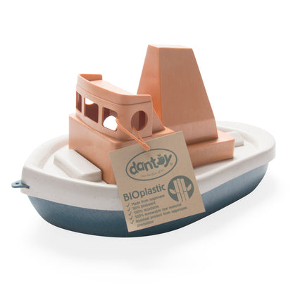 Dantoy BIO Tuff Tuff Boat in peach and blue bioplastic with cargo hold, displayed on plain background