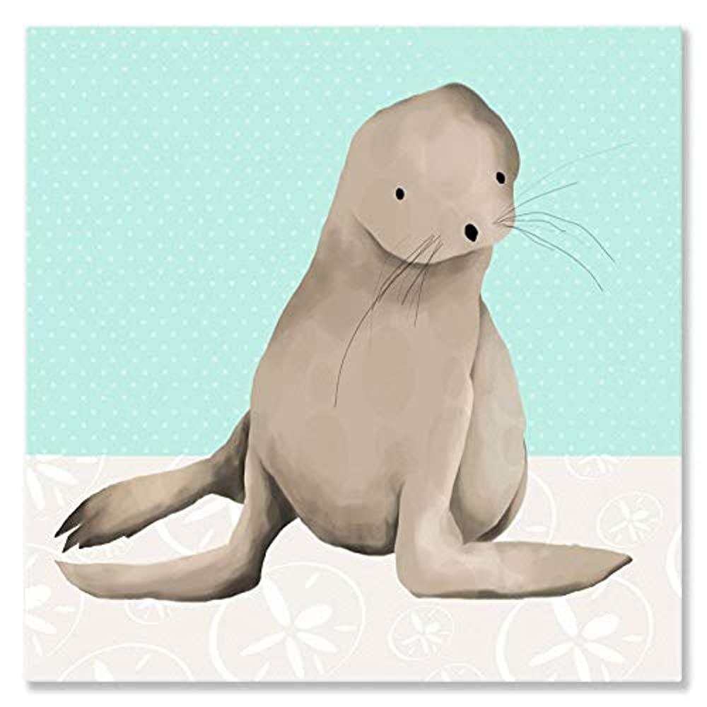 Illustration of a beige sea lion with whiskers sitting upright on white snow against a light turquoise background with small dots