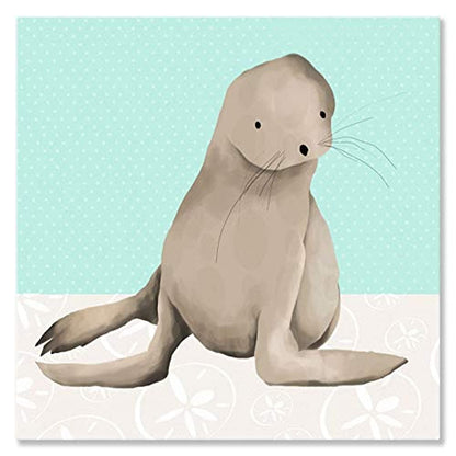 Illustration of a beige sea lion with whiskers sitting upright on white snow against a light turquoise background with small dots
