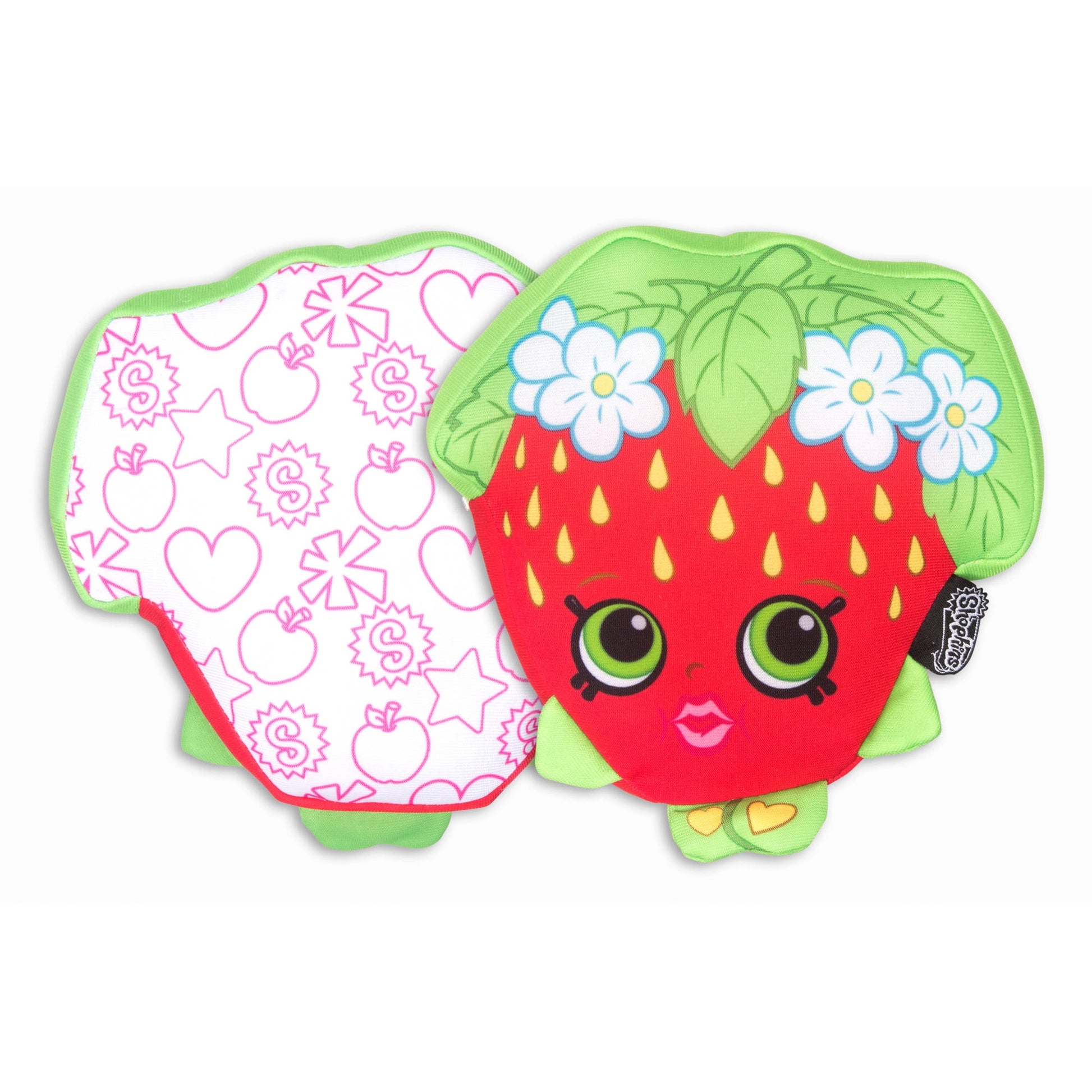 Strawberry Kiss plush charm with red body, green leaf-shaped ears, white flowers with blue details, big green eyes, and pink lips; back shows pink pattern with