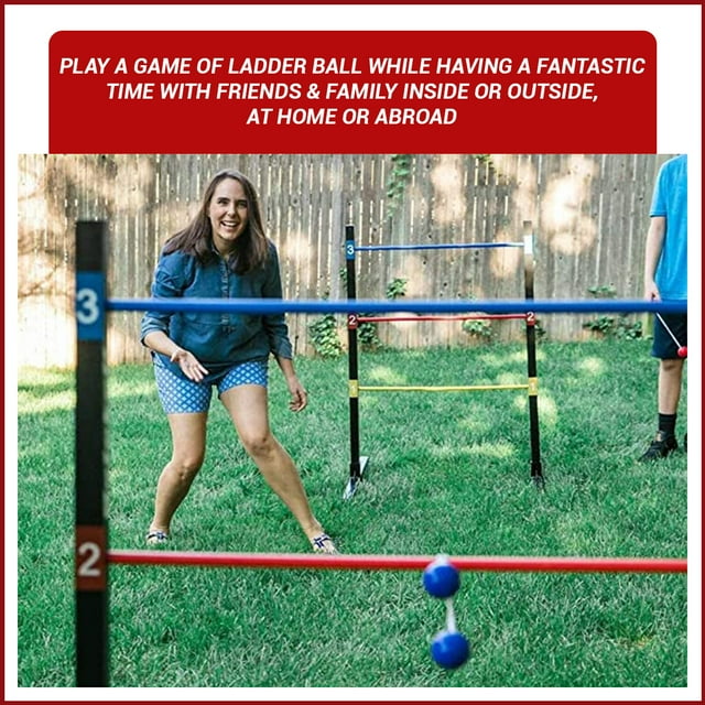 Girl playing ladder ball in a backyard with friends, throwing blue bolas toward red and blue rungs on black poles