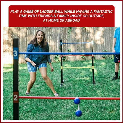 Girl playing ladder ball in a backyard with friends, throwing blue bolas toward red and blue rungs on black poles