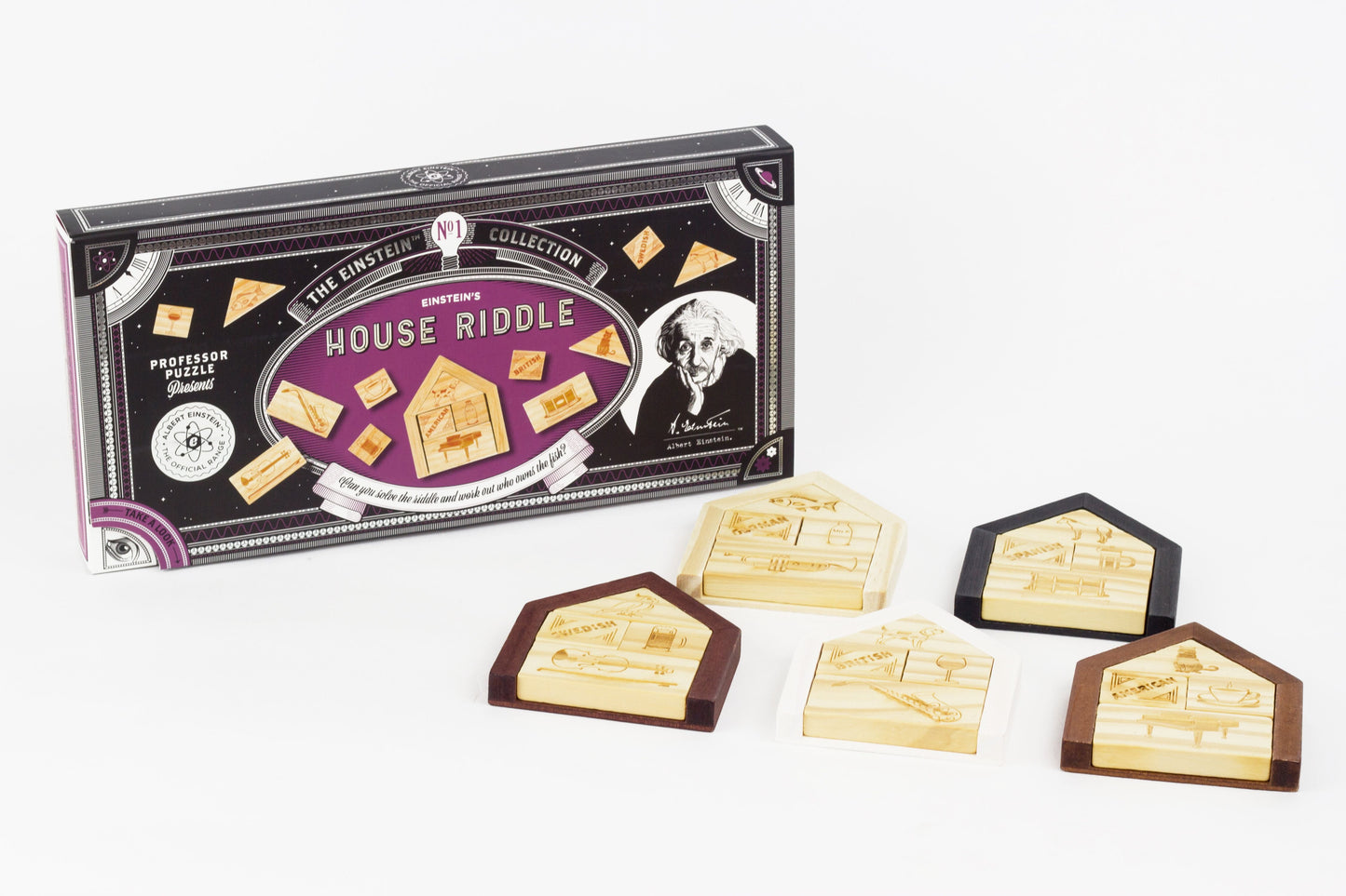 Professor Puzzle Einstein's House Riddle game box with five wooden puzzle pieces featuring engraved designs and wood or dark frames