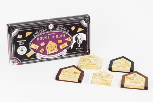 Professor Puzzle Einstein's House Riddle game box with five wooden puzzle pieces featuring engraved designs and wood or dark frames
