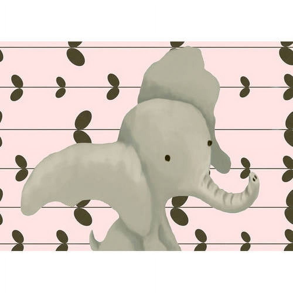 Cream-colored plush elephant toy on pink background with olive leaf pattern