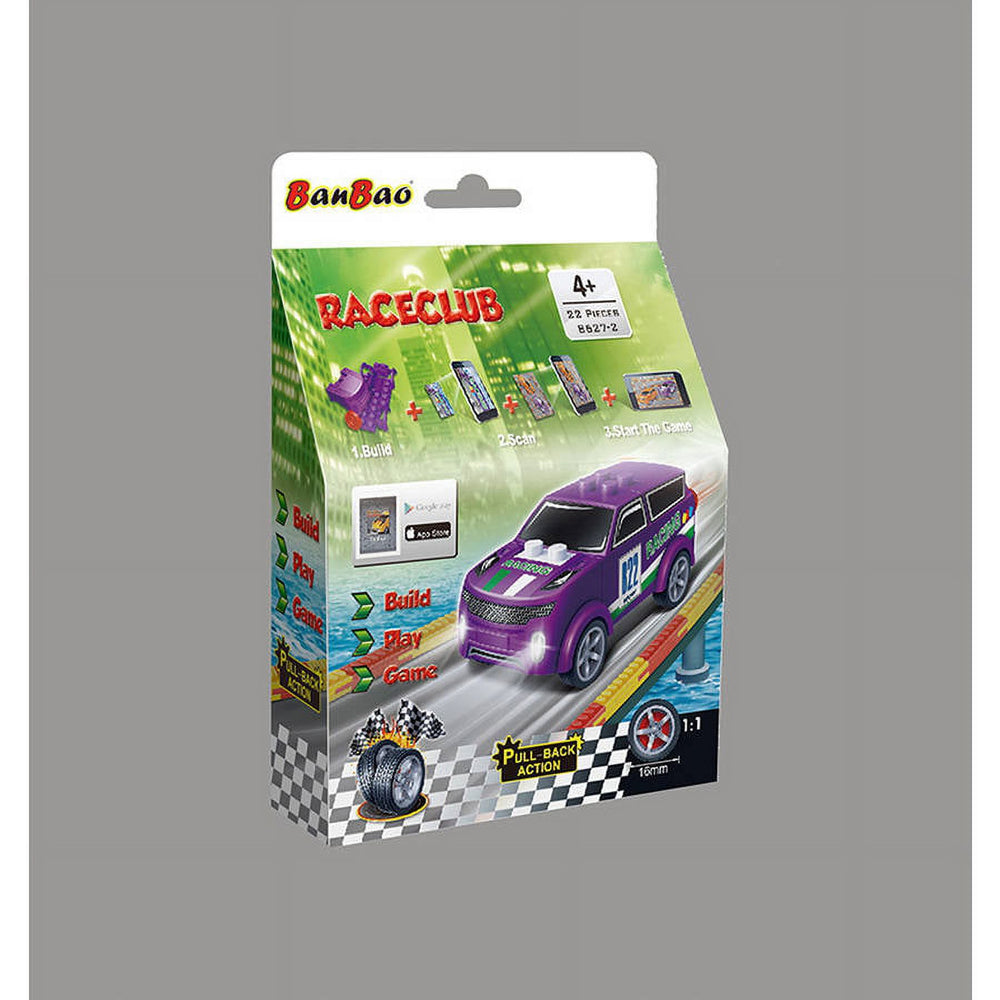BanBao RaceClub building set packaging showing purple pull-back race car with 22 pieces, for ages 4+