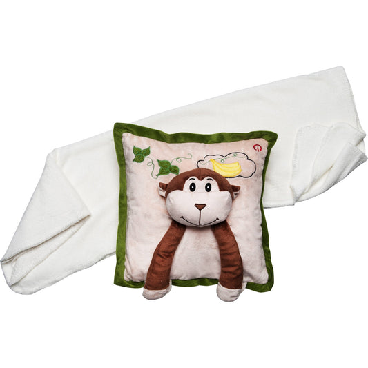 Brown and cream plush monkey pillow with green velvet trim and 3D embroidered face, attached to white fleece blanket with arms extending down