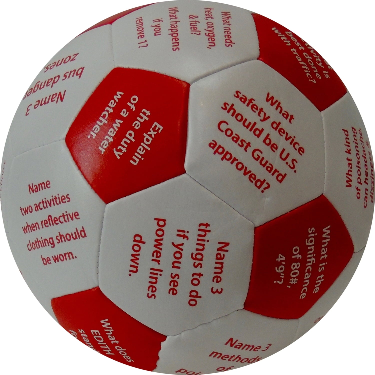 Red and white soft fabric ball with printed text panels containing injury prevention and safety questions and activities