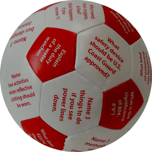 Red and white soft fabric ball with printed text panels containing injury prevention and safety questions and activities