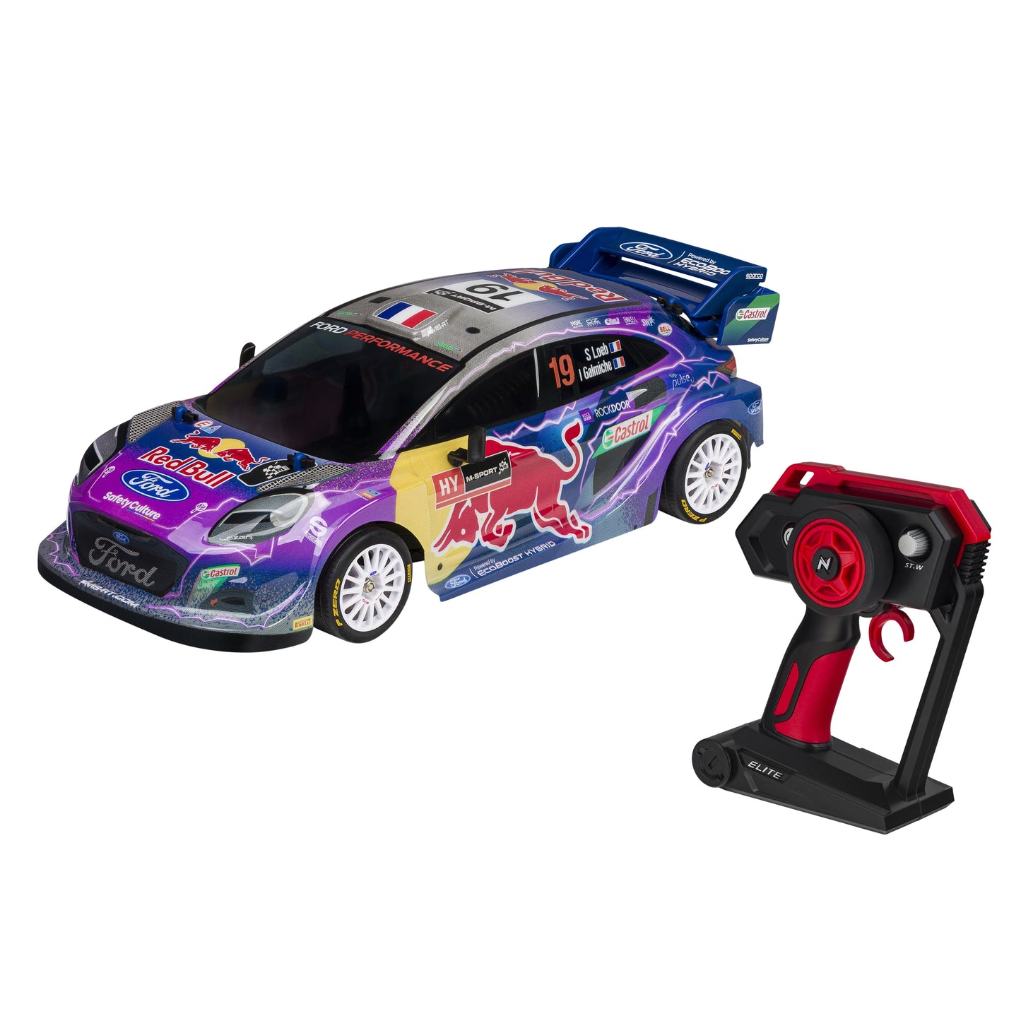 Purple and blue M-Sport Ford Puma #19 remote-control race car with Red Bull graphics and white wheels, shown with red and black radio controller
