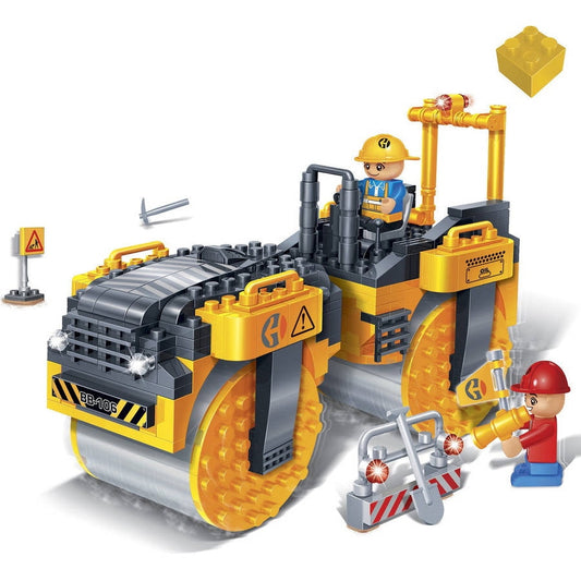 BanBao construction building set with yellow and black steam roller vehicle, two construction worker minifigures, warning sign, tools, and yellow building block