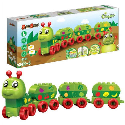 BanBao Caterpillar Fruits Building Block Set with green caterpillar head, red wheels, and three fruit-decorated cargo cars shown in packaging and assembled