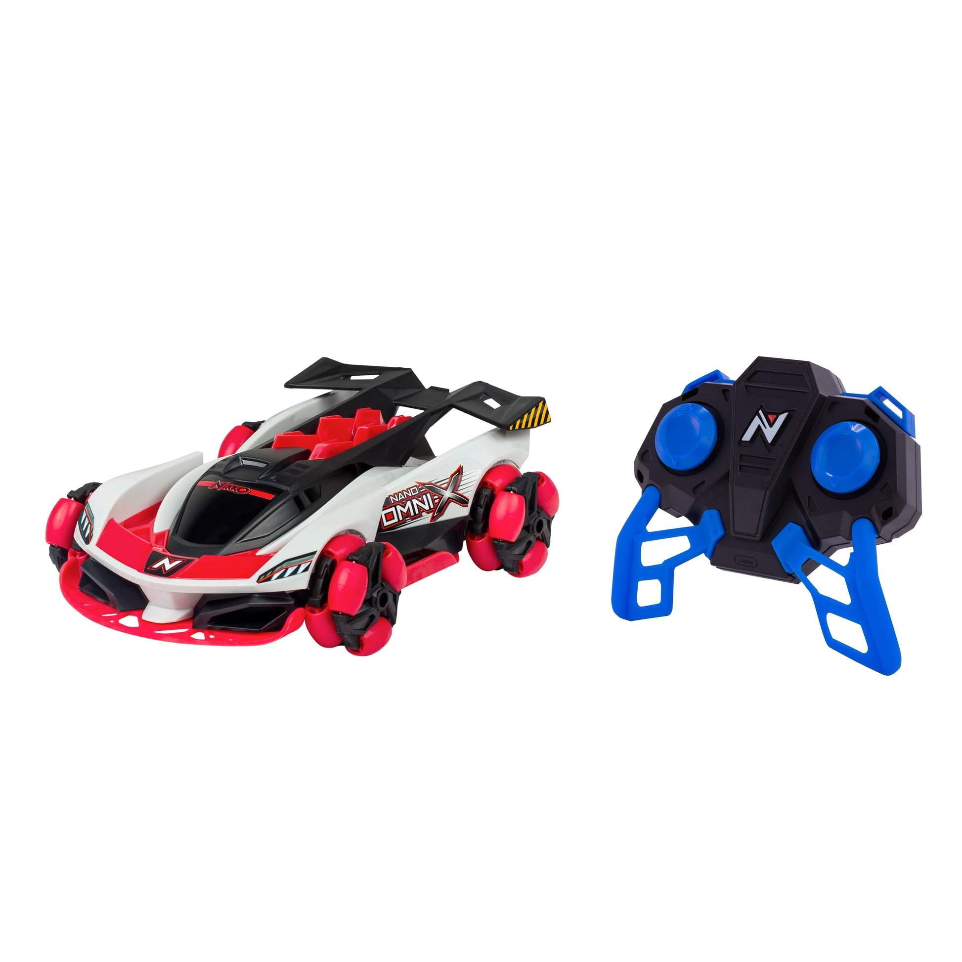Nikko RC Nano Omni X Galactic Red remote control car with red and white body, black accents, and red wheels, shown with blue and black controller