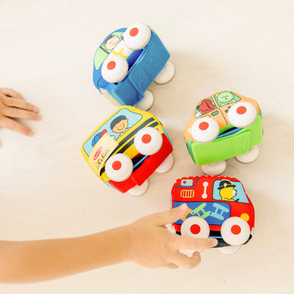 Melissa & Doug K's Kids Pull-Back Vehicle Set soft baby toys in blue, yellow, orange, green, and red
